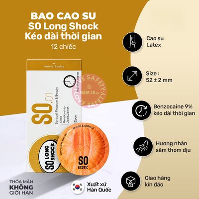 Bao Cao Su Kéo Dài Thời Gian SO Long Shock Hộp 12 Cái chính hãng - siêu mỏng 0.03mm, siêu mỏng, hỗ trợ kéo dài - giao hàng che tên kín đáo