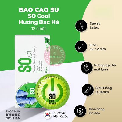 Bao Cao Su Hương Bạc Hà SO Cool - Hộp 12 Cái chính hãng - siêu mỏng 0.03mm, siêu mỏng, có hương thơm - giao hàng che tên kín đáo