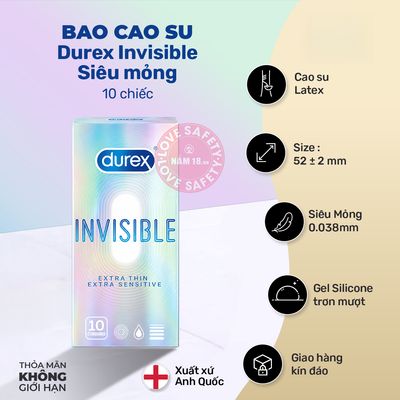 Bao Cao Su Siêu Mỏng Durex Invisible Chính Hãng Hộp 10 Cái - có hương thơm, ôm sát cảm giác thật, chất liệu latex an toàn - giao hàng che tên kín đáo