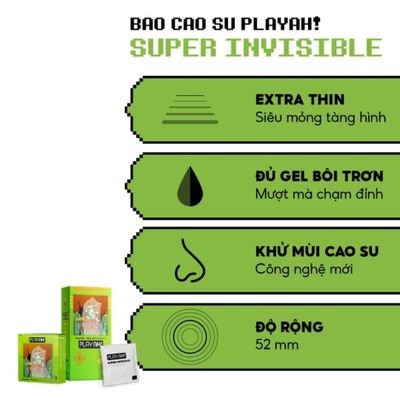 Bao Cao Su PlayAh Super Invisible Siêu Mỏng/ Nhiều Gel/ Kéo Dài Thời Gian/ Có Gai Hộp 10 size 52mm