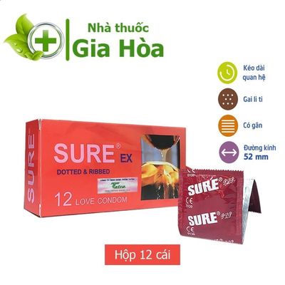 Bao cao su Sure siêu mỏng, có gân, gai giúp tăng cảm giác cuộc yêu (BCS hộp 12 cái) (CHÍNH HÃNG)