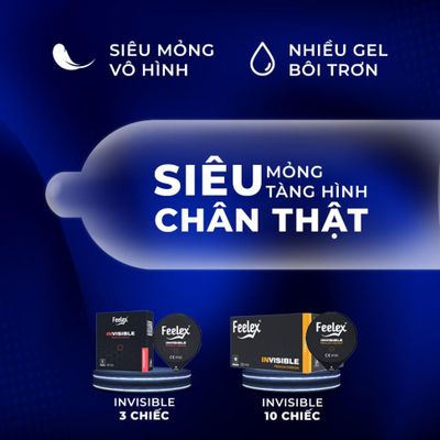 Bao cao su siêu mỏng nhiều gel đặc biệt Feelex Invisible ôm sát đem lại cảm giác chân thật giảm ma sát hộp 10 chiếc