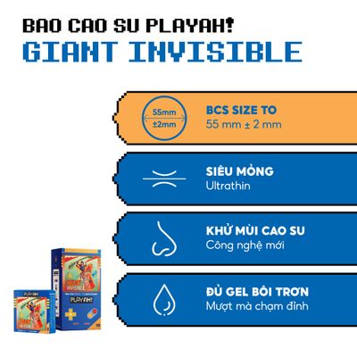 Bao cao su size to PlayAh! Siêu Mỏng 55mm Giant Invisible 24K.Right - Hộp 3/10 Cái