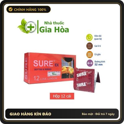 (Che Tên) Bao cao su Sure siêu mỏng, có gân, gai giúp tăng cảm giác cuộc yêu (BCS hộp 12 cái) (CHÍNH HÃNG) Hộp Trắng Kín