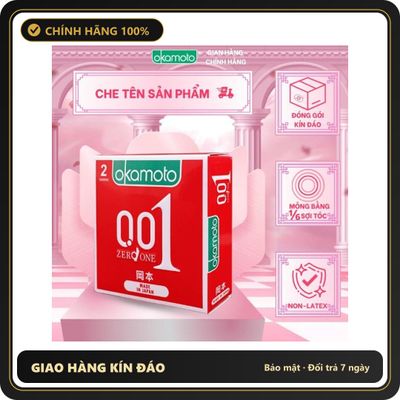 (Che Tên) Bao Cao su Siêu Mỏng Okamoto 0.01 PU Truyền Nhiệt Nhanh Size 52mm Hộp 2 Cái Hộp Trắng Kín