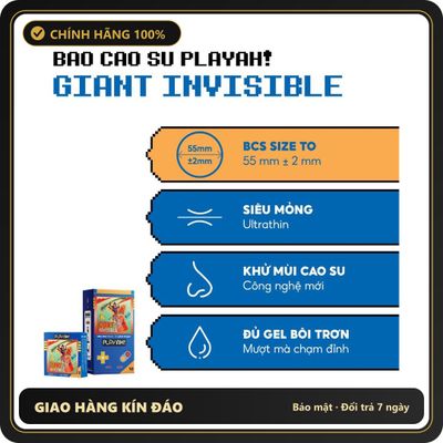 (Che Tên) Bao cao su size to PlayAh! Siêu Mỏng 55mm Giant Invisible 24K.Right - Hộp 3/10 Cái Chuẩn Auth