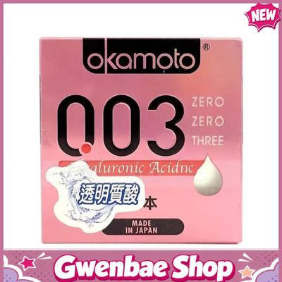 Bao cao su Okamoto 0.03 Hyaluronic Acid - Siêu mỏng, bôi trơn dưỡng ẩm - Hộp 3 cái - Gwen Shop Chính Hãng