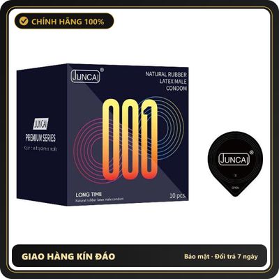 (Che Tên) Bao cao su Juncai Longtime 001 cao cấp, siêu mỏng, gân gai, kéo dài thời gian – Hộp 10 bao Hộp Trắng Kín
