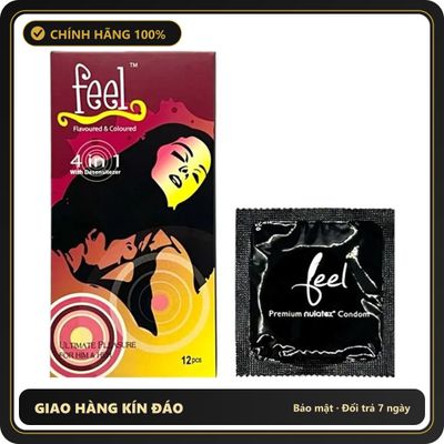 (Che Tên) Bao cao su Feel 4in1 hộp 12 cái chuẩn Malaysia gân gai kéo dài thời gian hương dâu tây - Hàng Mới Về