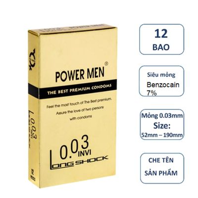 Bản Nhập Khẩu Cao Cấp - Bao Su Siêu Mỏng Tăng Thời Gian Cho Nam Power Men 0.03 Invi Long Shock 52mm - 190mm, giao hàng k