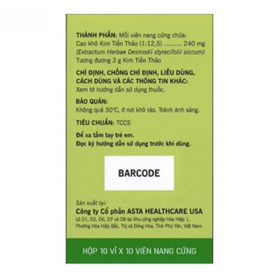 Viên nang Kim Tiền Thảo 240mg - Điều trị sỏi đường tiết niệu và viêm bể thận cho người lớn - bản tiêu chuẩn