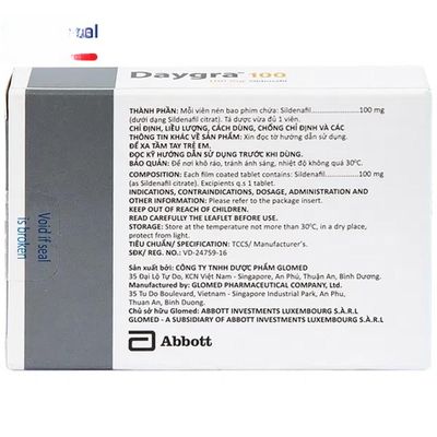 Viên uống Daygra 100mg - Điều trị rối loạn sinh lý nam cho nam giới trưởng thành - bản tiêu chuẩn