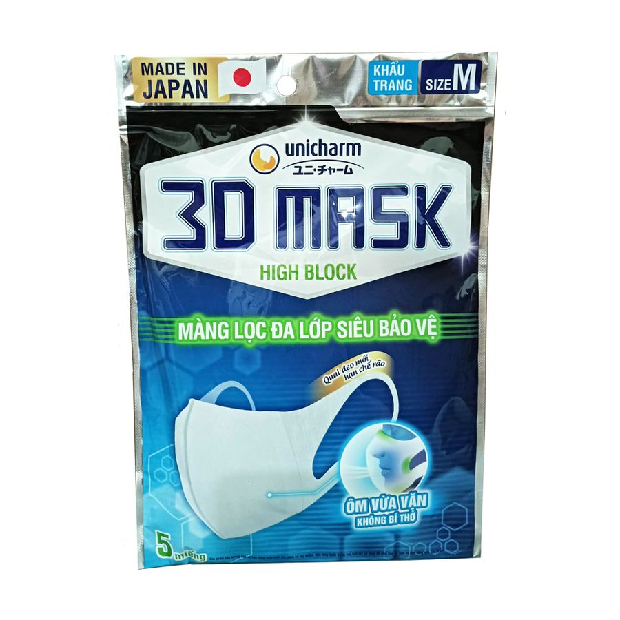 Gói 5 chiếc khẩu trang Unicharm 3D Mask Virus Block của Nhật