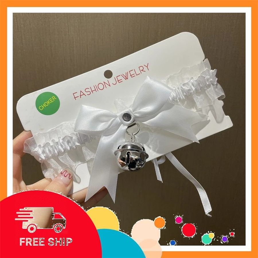 (Che Tên Khi Giao) Vòng Cổ Choker Ren Đính Chuông Trắng Cá Tính Đáng Yêu - Snapshop