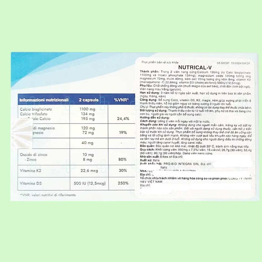 (Hàng chính hãng) Viên Uống Hỗ Trợ Bổ Sung Canxi Hữu Cơ Nutrical-V Hộp 30 Viên