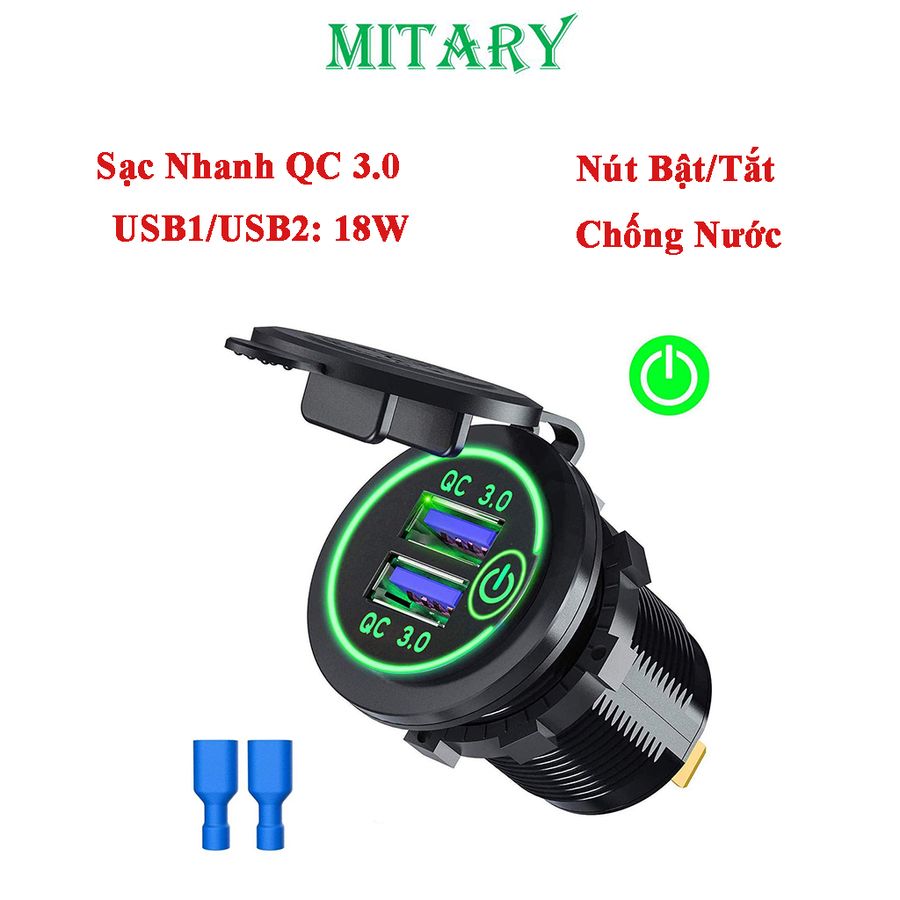 Tẩu sạc nhanh 2 cổng USB 36W công nghệ QC3.0 gắn trên XE MÁY, Ô TÔ.. có nút nhấn và đèn LED báo- MTR021 236107