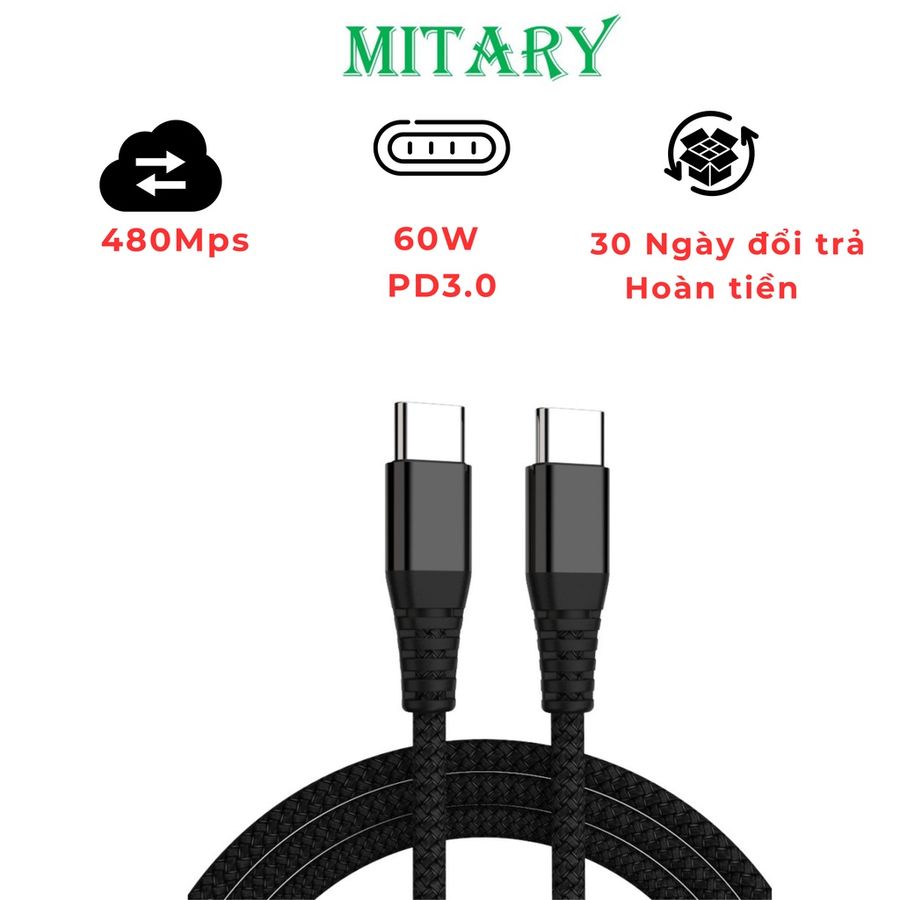 Cáp sạc nhanh lên tới 60W 2 đầu Type C bọc dù công nghệ POWER DELIVERY truyền dữ liệu tốc độ cao 236129