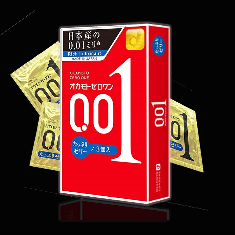 Hộp 3 Bao Cao Su Cực Mỏng Nhiều Gel Bôi Okamoto 0.01mm Rich Lubricant ( Size ôm 49mm )