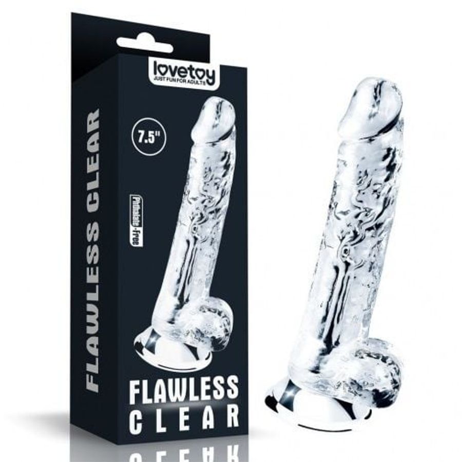Dương vật giả dính tường trong suốt có bìu 19cm - Flawless Clear