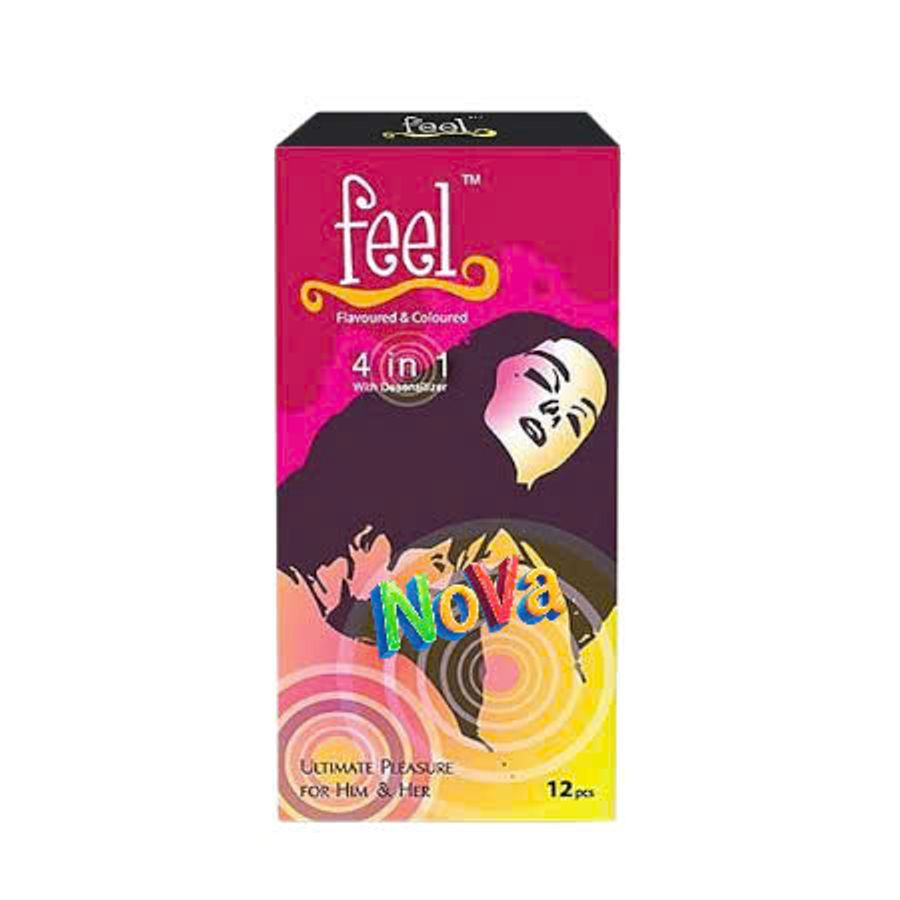 Bao cao su Feel 4in1 12 bao Flavoured & Coloured – Gân, gai và kéo dài thời gian quan hệ Hộp 12 cái