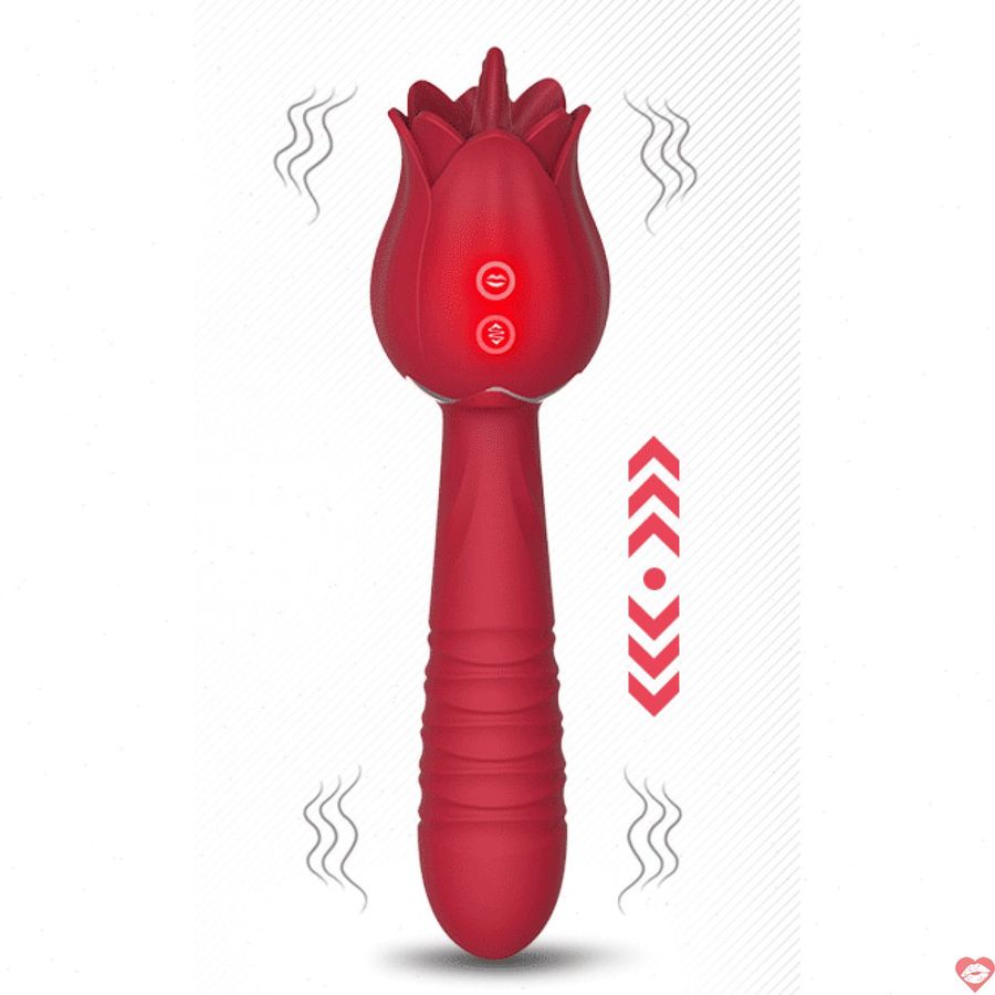 Dương vật giả 2 đầu rung thụt kèm lưỡi liếm hình bông hoa hồng chày rung massage