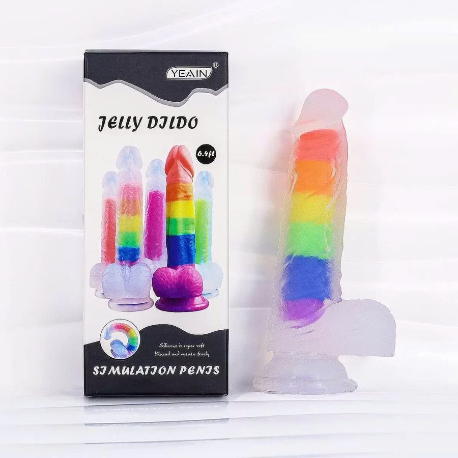 Dương vật giả có đế Jelly Dildo trong suốt 7 sắc màu cầu vồng 354856