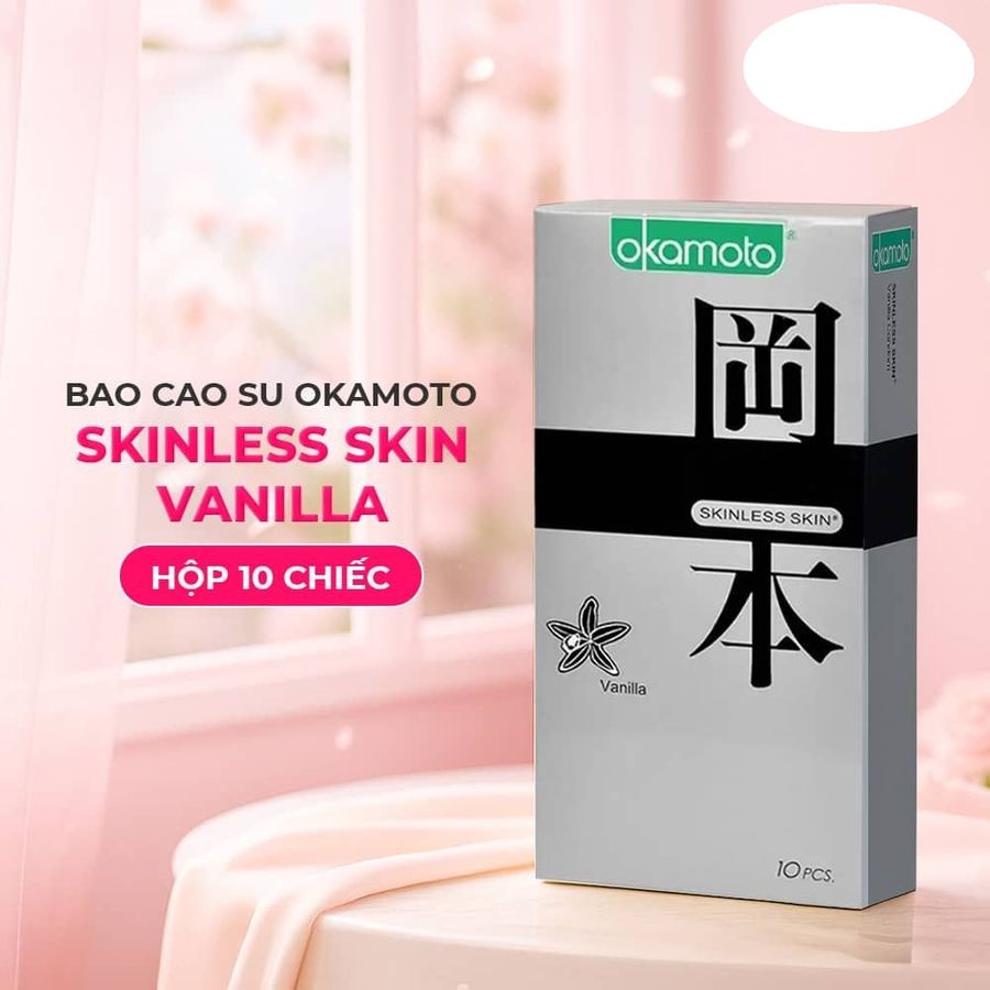 Bao cao su Okamoto Skinless Skin Vanilla Hương vani mềm mại Hộp 10 cái cao cấp chính hãng