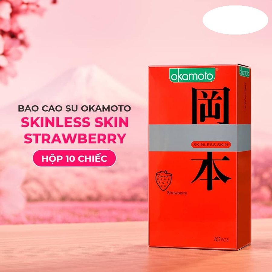 Bao cao su Okamoto Skinless Skin Strawberry Hương dâu mềm mại  Hộp 10 cái cao cấp chính hãng