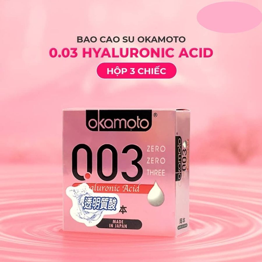 Bao cao su Okamoto 0.03 Hyaluronic Acid Siêu mỏng bôi trơn dưỡng ẩm  Hộp 3 cái cao cấp chính hãng