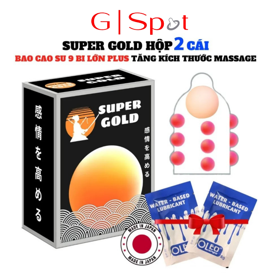 Bao Cao Su Nhật Bản Super Gold - 9 Bi Toàn Thân - 1 Bi Silicon Mềm ở Đầu Tăng Thêm 1cm - Hộp 2 Cái
