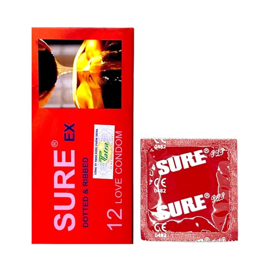Bao cao su siêu mỏng kéo dài thời gian Sure Đỏ 12 cái che tên chính hãng