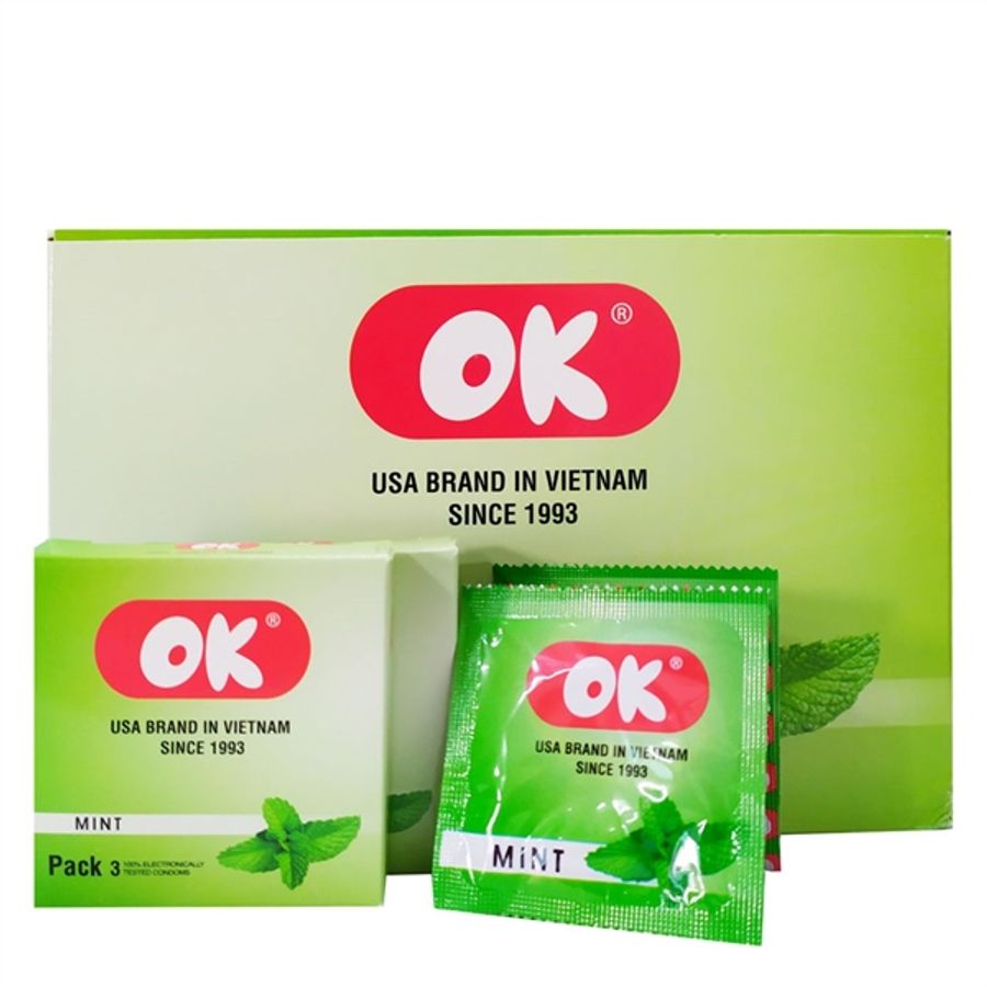 Bao cao su siêu mỏng kéo dài thời gian OK Bạc Hà 48h 144 cái che tên chính hãng