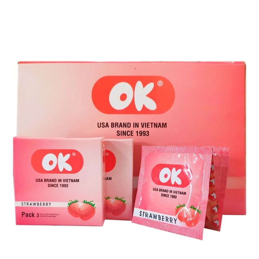 Bao cao su siêu mỏng kéo dài thời gian OK Dâu 48h 144 cái che tên chính hãng