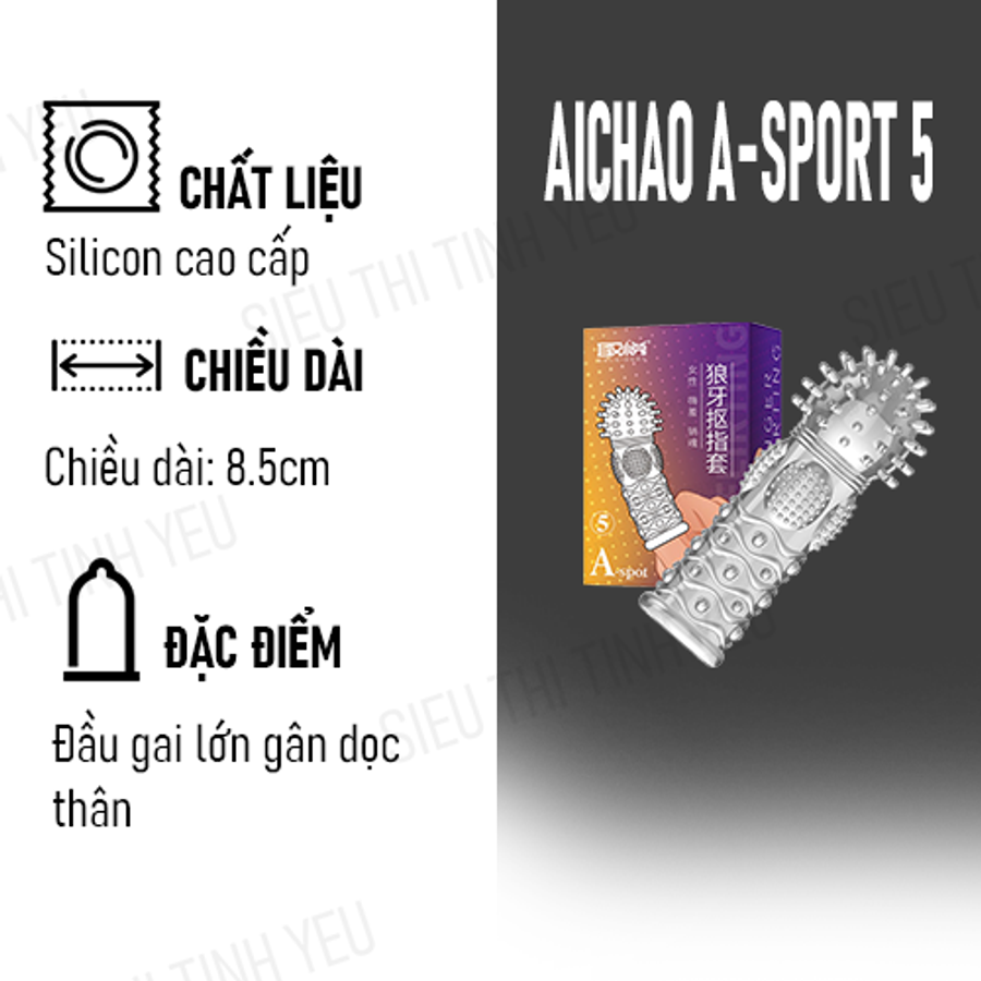 (Có Video)Bao cao su ngón tay Aichao A-Spot 5 đầu gai lớn gân dọc thân
