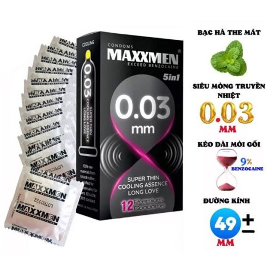Bao cao su Maxxmen 5 in 1 0.03mm siêu mỏng, kéo dài thời gian