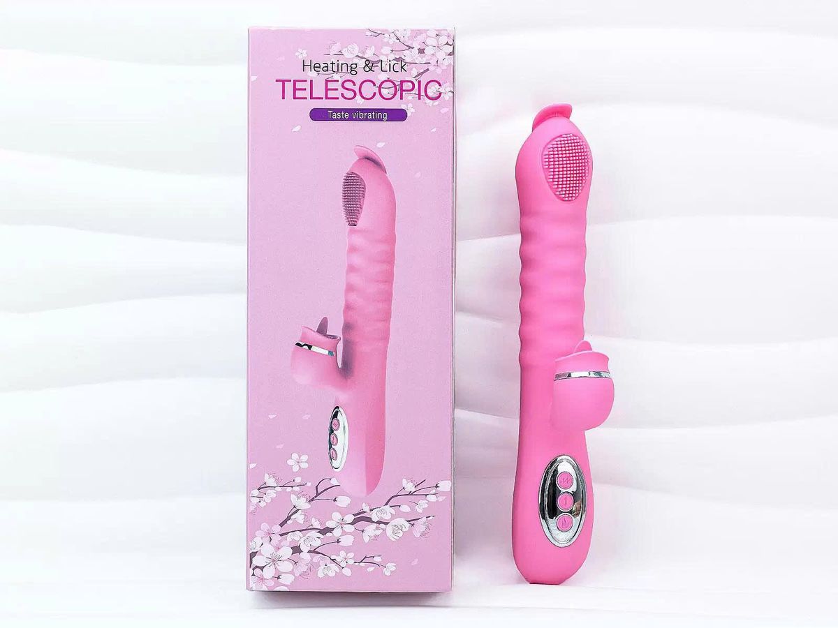 Dương vật giả lưỡi 2 đầu Telescopic liếm, rung, thụt pin sạc, ấm nóng