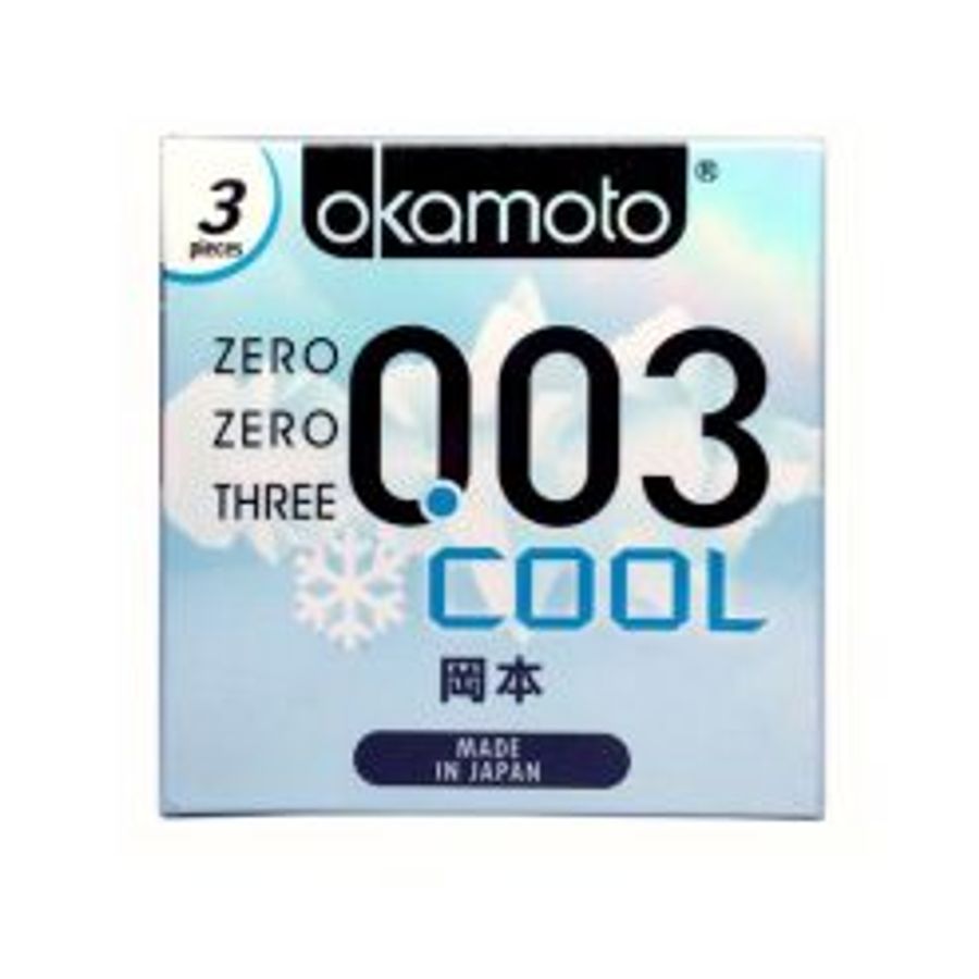 Bao cao su Okamoto 0.03 Cool cực siêu mỏng bạc hà mát lạnh hộp 3 chiếc