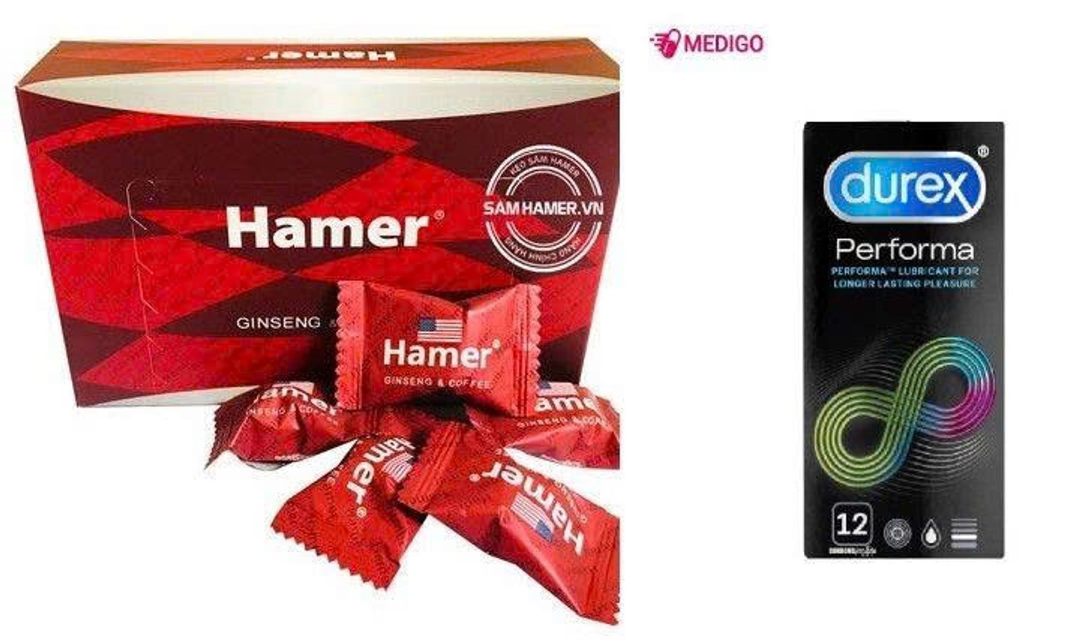 Combo Kẹo sâm Hamer (Mỹ) hộp 32 viên Tặng 1 Hộp Durex Performa - Kéo dài thời gian 12 cái