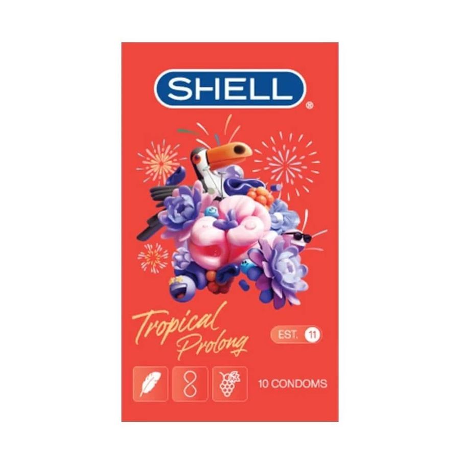 Bao cao su Shell Tropical Prolong - Siêu mỏng, kéo dài thời gian, hương hoa quả nhiệt đới - Hộp 10 cái 327032