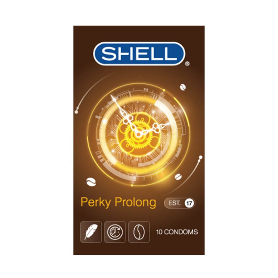 Bao cao su Siêu mỏng, tăng cường dài thời gian Shell Perky Prolong -  hương caffe - Hộp 10 cái 