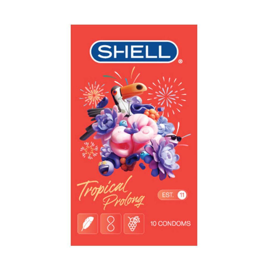 Bao Cao Su Hương Hoa Quả Nhiệt Đới Shell Tropical Prolong - Mỏng + Tằng Cường Thời Gian Hộp 10 Cái