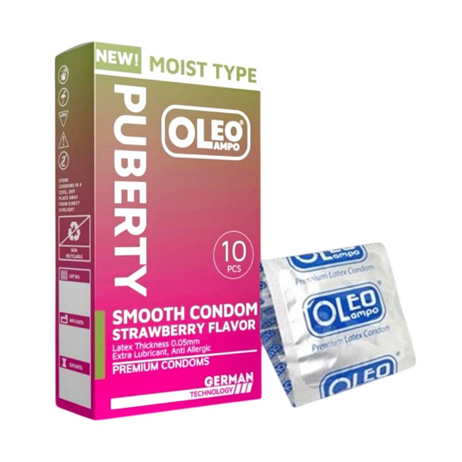 (Hộp 10 Cái) Bao Cao Su Oleo Lampo Puberty – Siêu Mỏng 0.05mm, Hương Dâu Quyến Rũ, Size Nhỏ 50mm Chính hãng 742145