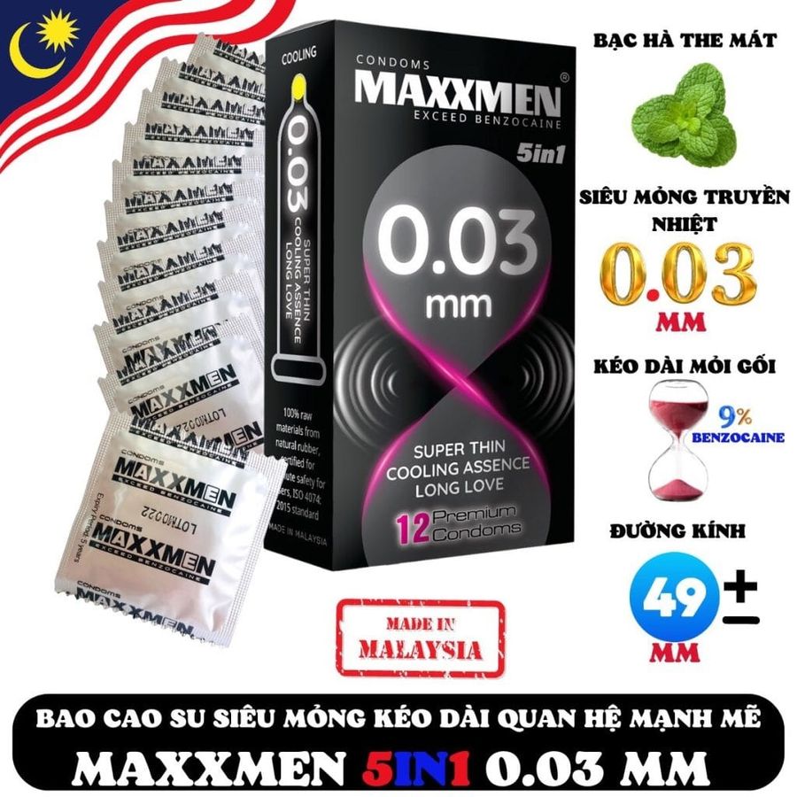 (Hộp 12 Cái) Bao Cao Su Maxxmen 5in1 Siêu Mỏng 0.03 Truyền Nhiệt Chính hãng 742092