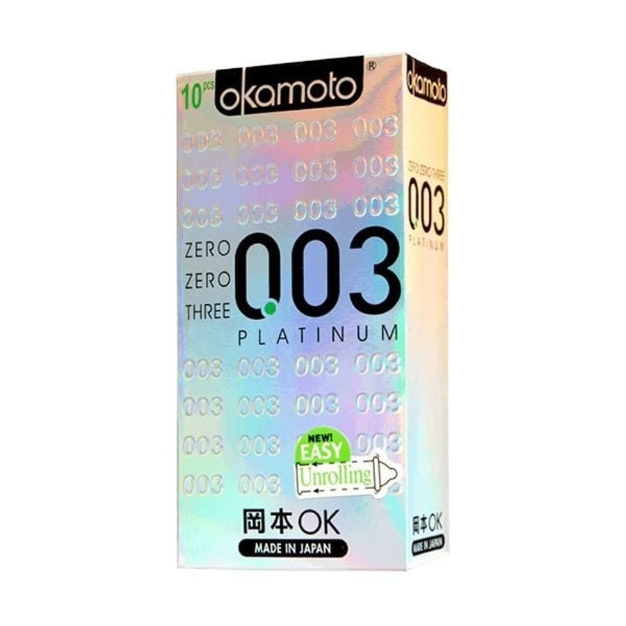 (Hộp 10 Cái) Okamoto 0.03 Platinum - Bao cao su phản quang, siêu mỏng chính hãng 741560