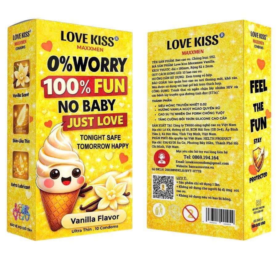 Bao Cao Su Love Kiss MAXXMEN Vanilla Siêu Mỏng 0.02mm Hương Vani Hộp 10 Cái