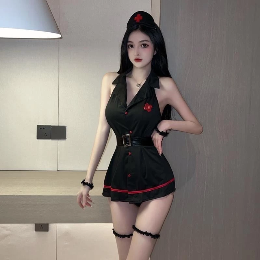 Váy Ngủ Cosplay Y Tá Có Đai Nịt Lưng Gợi Cảm Đáng Yêu Đầm Sơ Mi Nữ Bác Sĩ Hở Lưng Quyến Rũ Dễ Thương - N750 Đen