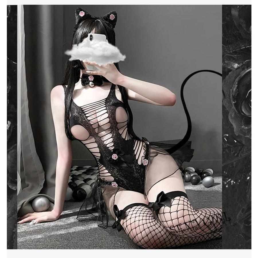 Đồ Cosplay Mèo Hư Hỏng Có Đuôi Xuyên Thấu Gợi Cảm Đáng Yêu Bodystocking 1 Mảnh Miêu Nữ Đen Dễ Thương - N739