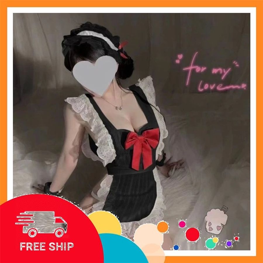 (Che Tên Khi Giao) Bộ Cosplay Cô Hầu Gái Phối Nơ Đỏ Đáng Yêu Quyến Rũ Đồ - N877 Đen Giao Nhanh Toàn Quốc