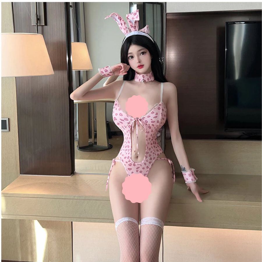 Bodysuit Thỏ Bông Hồng Hư Hỏng Dễ Thương Gợi Cảm Đồ Ngủ Liền Thân Hở Ngực Quyến Rũ Kèm Cài Tai Đáng Yêu - N337
