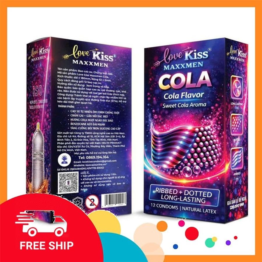 (Che Tên Khi Giao) Bao Cao Su Love Kiss Maxxmen Cola Hộp 12 Cái – Gân Gai Kéo Dài Thời Gian, Hương Cola Ngọt Ngào - Hộp 12 Cái Hỗ Trợ 24/7